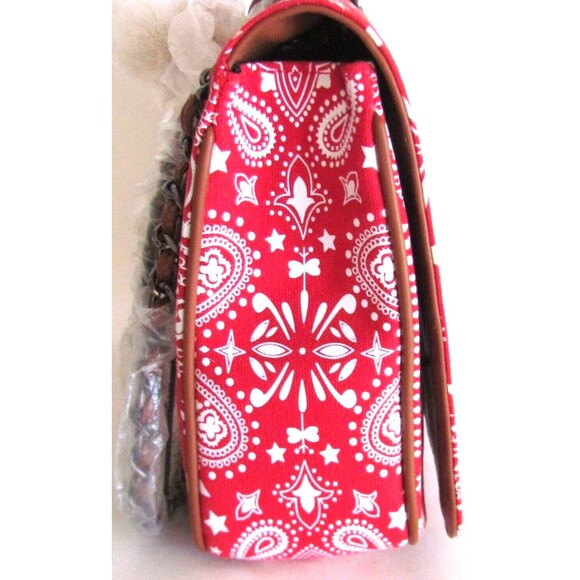 DESIGNER MIA BAG RED & WHITE BANDANA PRINT WHITE POM-POM CHARM CHAIN BAG - Picture 4 of 16